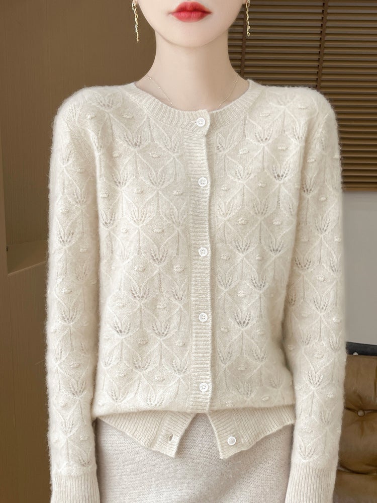 First-Line Ready-To-Wear 100% Pure Wool Jacquard Cut Out Cardigan For Women In , Slimming Look, Warm And Non-Piercing Seamless Sweater - Image 1